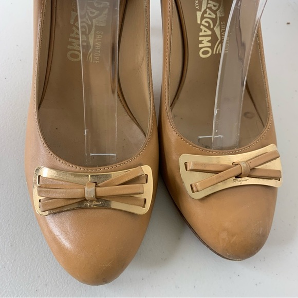 Salvatore Ferragamo Tan Brown Nude Bow Tie Front Party Pumps Heels Size 7 - Picture 6 of 16
